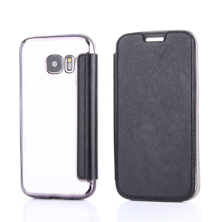 Litchi Texture PU Leather + Plated TPU Card Holder Cover for Samsung Galaxy S7 G930 - Black-1