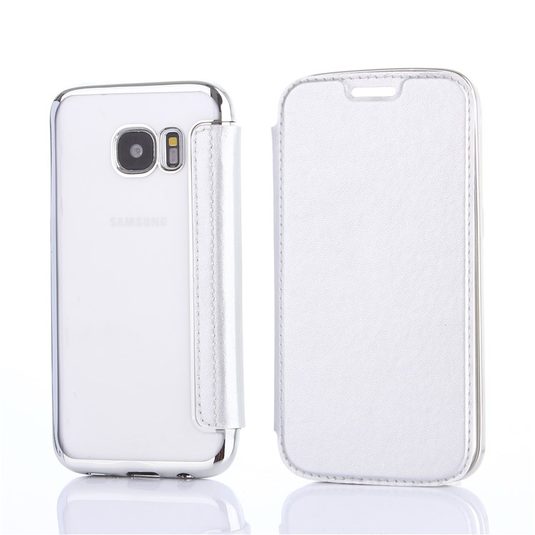 Litchi Texture PU Leather + Plated TPU Card Holder Flip Case for Samsung Galaxy S7 G930 - White-1
