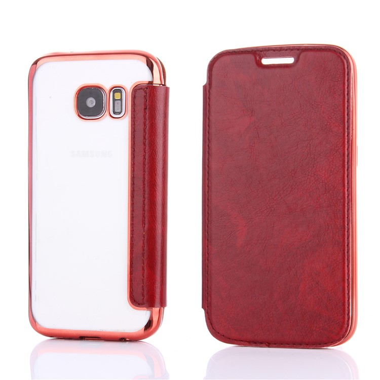 Litchi Texture PU Leather + Plated TPU Card Slot Phone Casing for Samsung Galaxy S7 G930 - Red-1