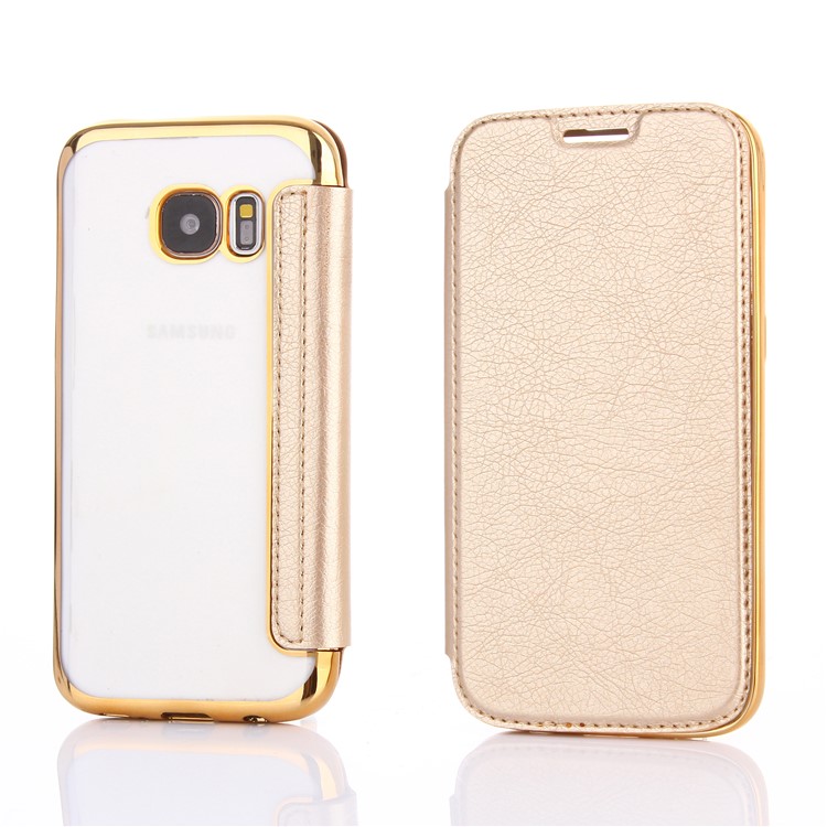 Litchi Texture PU Leather + Plated TPU Card Slot Mobile Shell for Samsung Galaxy S7 G930 - Gold-1