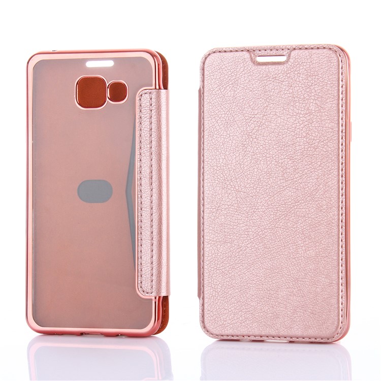Litchi Texture PU Leather + Plated TPU Card Holder Case for Samsung Galaxy A7 SM-A710F (2016) - Rose Gold-1