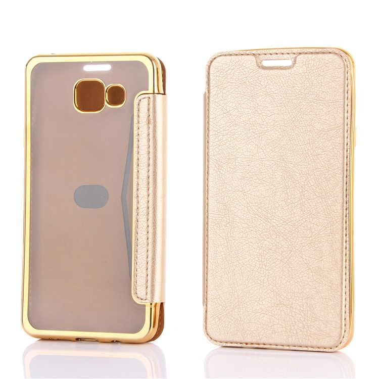 Litchi Texture PU Leather + Plated TPU Card Slot Cell Phone Case for Samsung Galaxy A7 SM-A710F (2016) - Gold-1