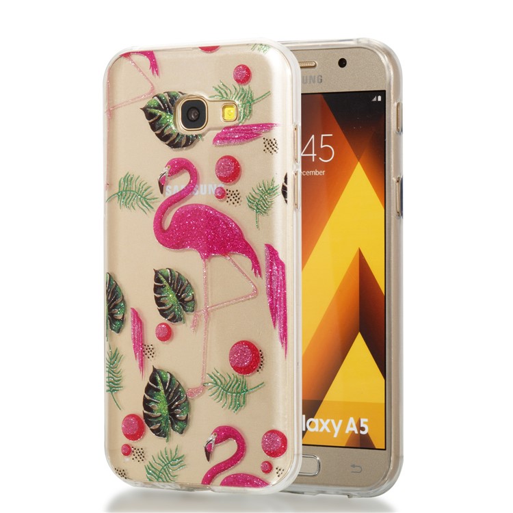 Glitter Powder IMD TPU Phone Shell for Samsung Galaxy A5 (2017) - Flamingos and Leaves Pattern-1