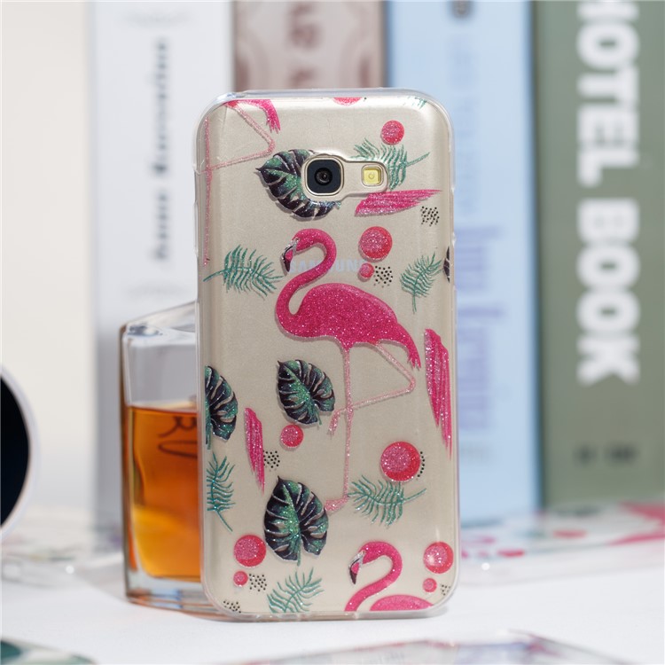 Glitter Powder IMD TPU Phone Shell for Samsung Galaxy A5 (2017) - Flamingos and Leaves Pattern-4