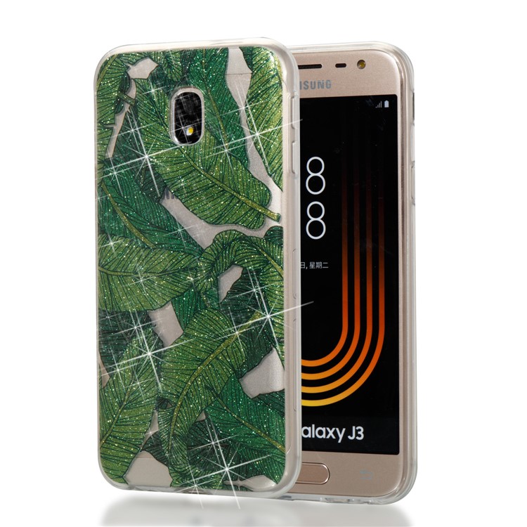 Clear IMD Glitter Powder Patterned TPU Phone Casing Cover for Samsung Galaxy J3 Pro (2017) / J3 (2017) EU Version - Green Leaves-1