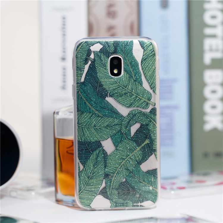 Clear IMD Glitter Powder Patterned TPU Phone Casing Cover for Samsung Galaxy J3 Pro (2017) / J3 (2017) EU Version - Green Leaves-4