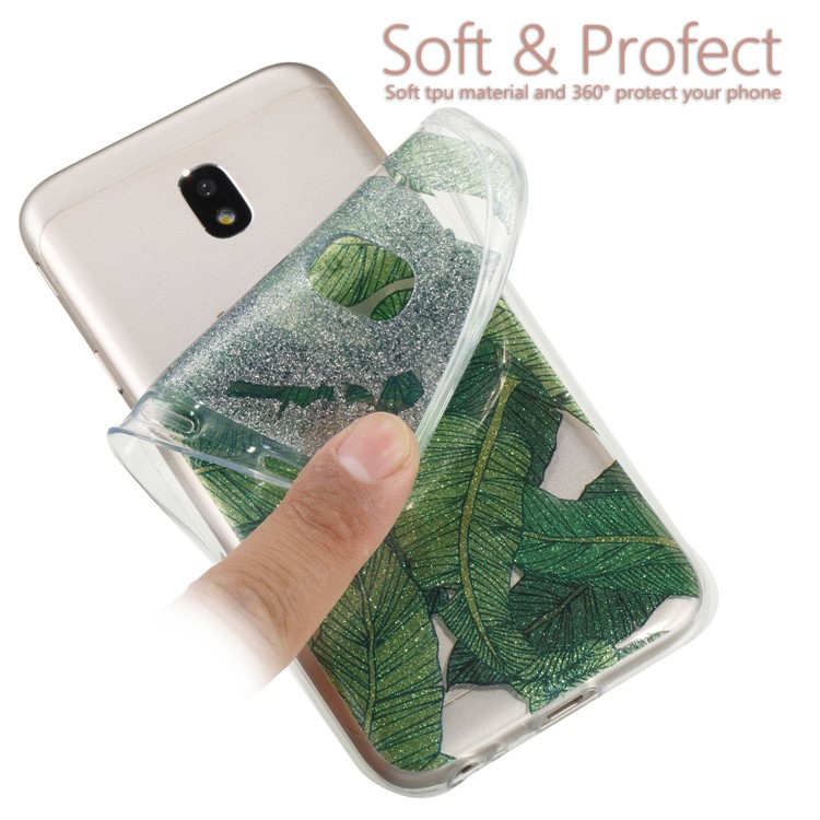 Clear IMD Glitter Powder Patterned TPU Phone Casing Cover for Samsung Galaxy J3 Pro (2017) / J3 (2017) EU Version - Green Leaves-6