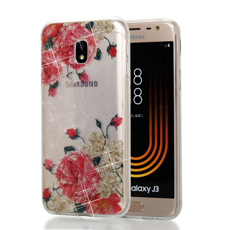 Clear IMD Glitter Powder Patterned TPU Phone Shell for Samsung Galaxy J3 Pro (2017) / J3 (2017) EU Version - Pretty Roses-1