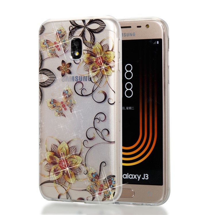 Clear IMD Glitter Powder Patterned TPU Phone Accessory Case for Samsung Galaxy J3 Pro (2017) / J3 (2017) EU Version - Butterflies and Flowers-1