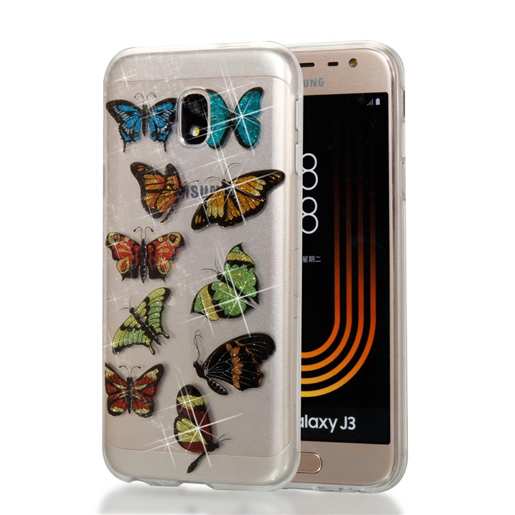 Clear IMD Glitter Powder Patterned TPU Phone Accessory Casing for Samsung Galaxy J3 Pro (2017) / J3 (2017) EU Version - Colorful Butterflies-1