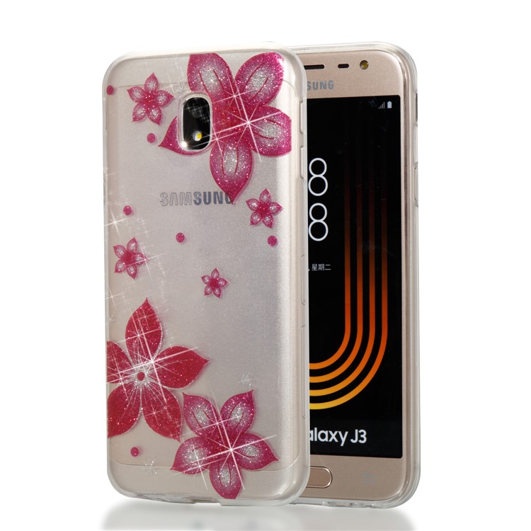 Clear IMD Glitter Powder Patterned TPU Phone Accessory Shell for Samsung Galaxy J3 Pro (2017) / J3 (2017) EU Version - Red Flowers-1