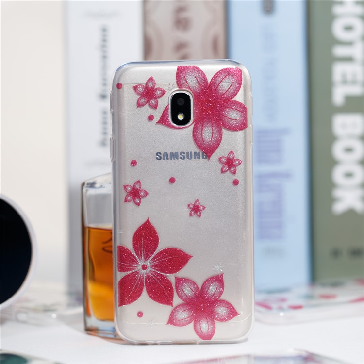 Clear IMD Glitter Powder Patterned TPU Phone Accessory Shell for Samsung Galaxy J3 Pro (2017) / J3 (2017) EU Version - Red Flowers-4