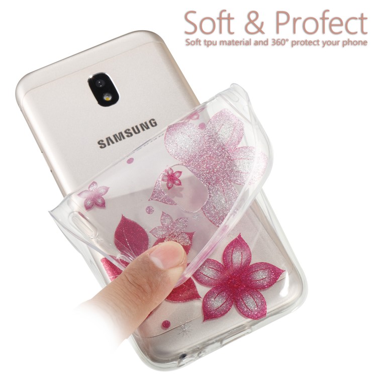 Clear IMD Glitter Powder Patterned TPU Phone Accessory Shell for Samsung Galaxy J3 Pro (2017) / J3 (2017) EU Version - Red Flowers-6