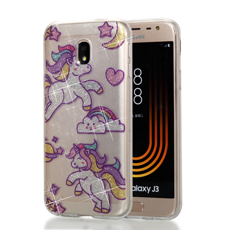 Clear IMD Glitter Powder Patterned TPU Phone Protection Cover for Samsung Galaxy J3 Pro (2017) / J3 (2017) EU Version - Playing Unicorns-1