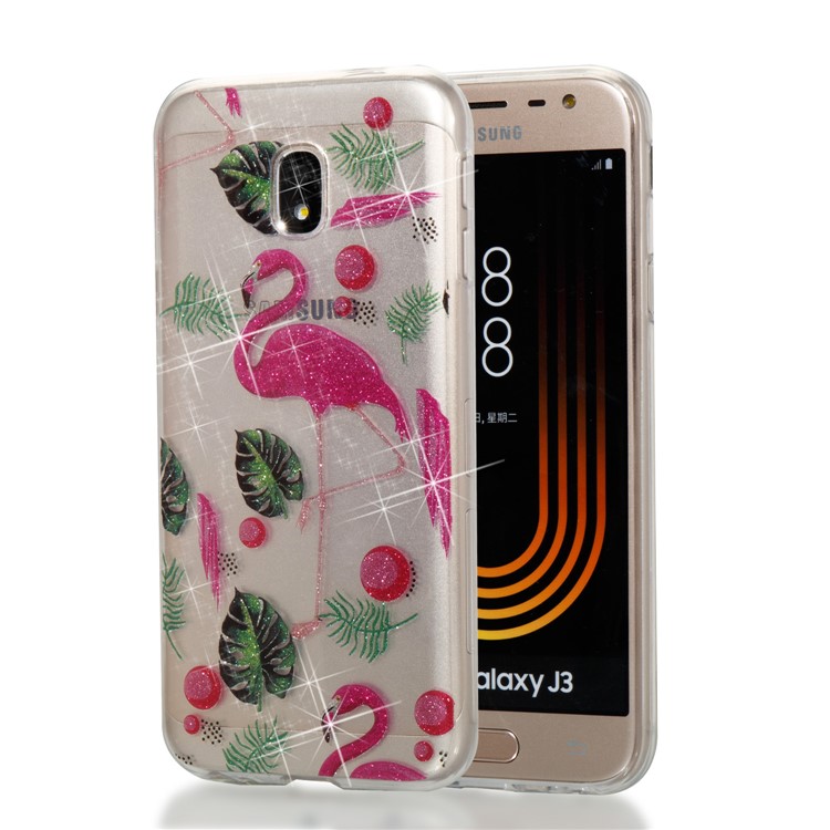 Clear IMD Glitter Powder Patterned TPU Cellphone Case for Samsung Galaxy J3 Pro (2017) / J3 (2017) EU Version - Flamingo-1