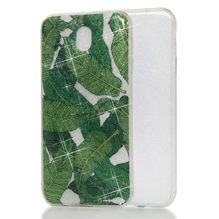 Clear IMD Glitter Powder Patterned TPU Phone Protection Case for Samsung Galaxy J7 Pro (2017) / J7 (2017) EU Version - Green Leaves-1