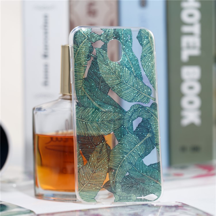 Clear IMD Glitter Powder Patterned TPU Phone Protection Case for Samsung Galaxy J7 Pro (2017) / J7 (2017) EU Version - Green Leaves-4