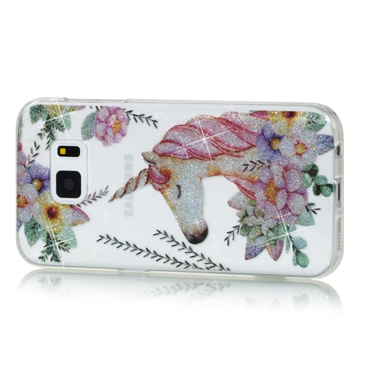 IMD Glitter Powder TPU Protection Phone Cover for Samsung Galaxy S7 SM-G930 - Unicorn and Flower Pattern-2