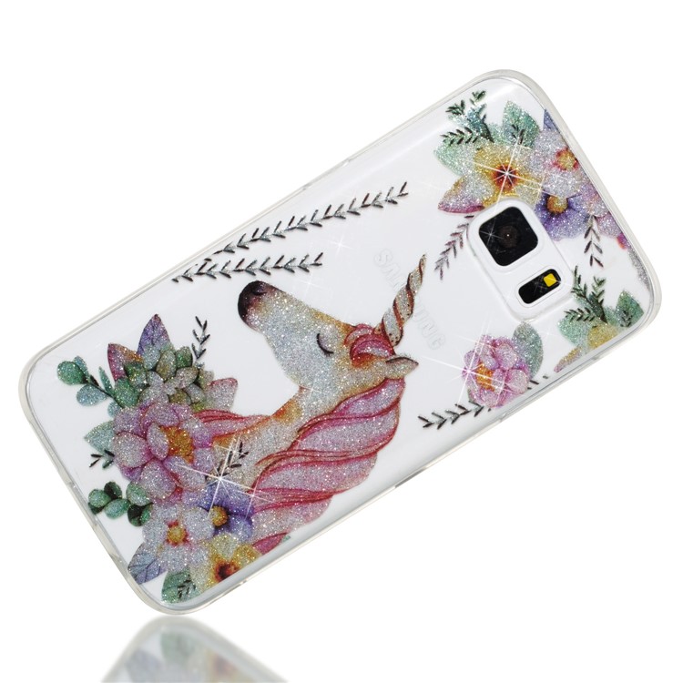 IMD Glitter Powder TPU Protection Phone Cover for Samsung Galaxy S7 SM-G930 - Unicorn and Flower Pattern-3