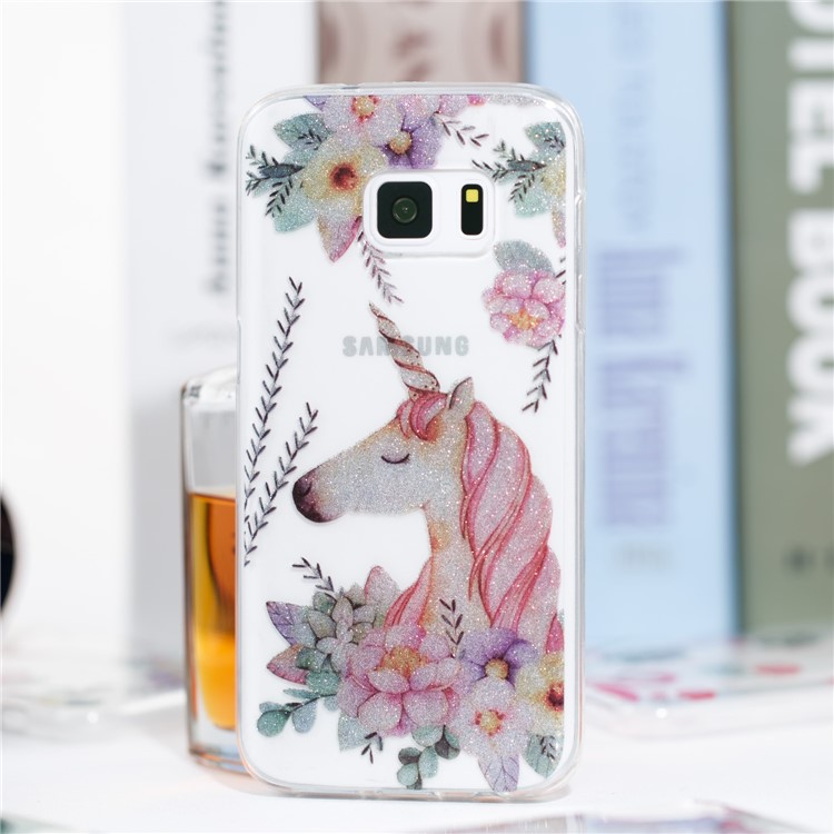 IMD Glitter Powder TPU Protection Phone Cover for Samsung Galaxy S7 SM-G930 - Unicorn and Flower Pattern-4