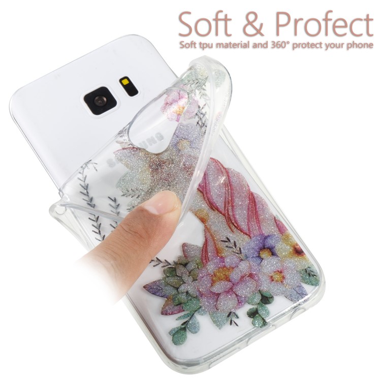 IMD Glitter Powder TPU Protection Phone Cover for Samsung Galaxy S7 SM-G930 - Unicorn and Flower Pattern-6