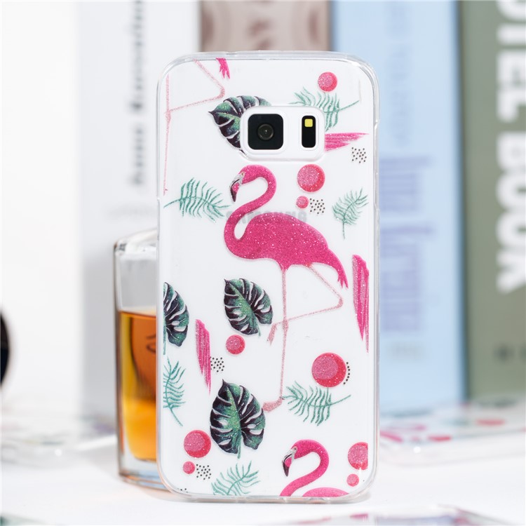 IMD Glitter Powder Flexible TPU Mobile Phone Shell for Samsung Galaxy S7 SM-G930 - Flamingos and Leaves Pattern-4