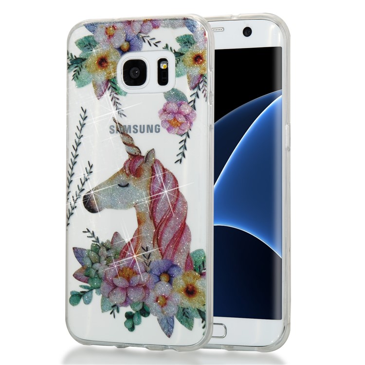 IMD Glitter Powder TPU Phone Case for Samsung Galaxy S7 edge SM-G935 - Unicorn and Flower Pattern-1