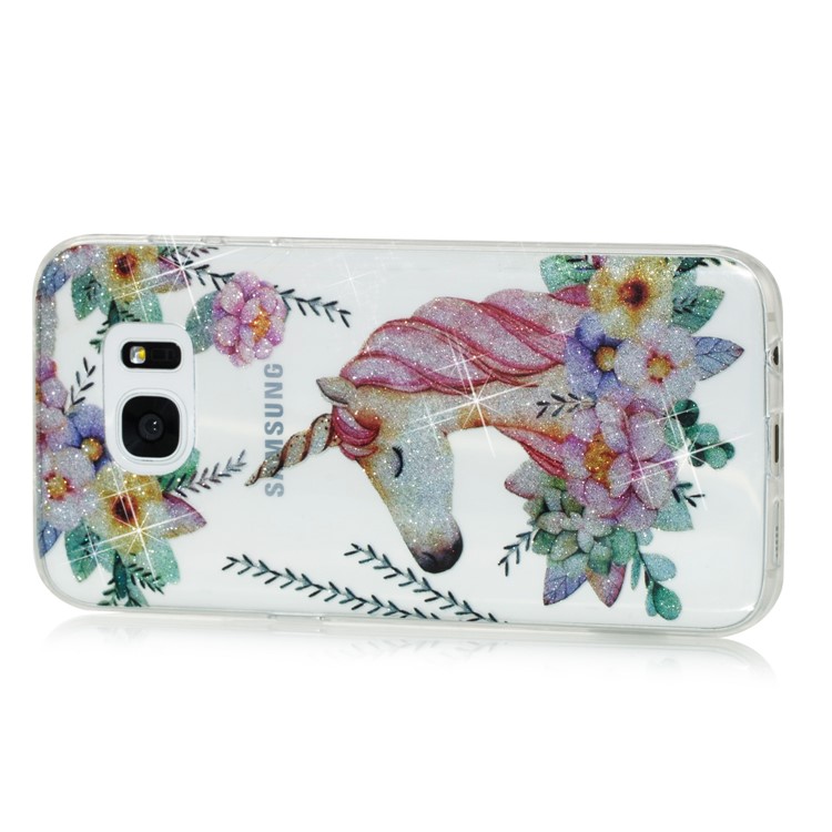 IMD Glitter Powder TPU Phone Case for Samsung Galaxy S7 edge SM-G935 - Unicorn and Flower Pattern-2