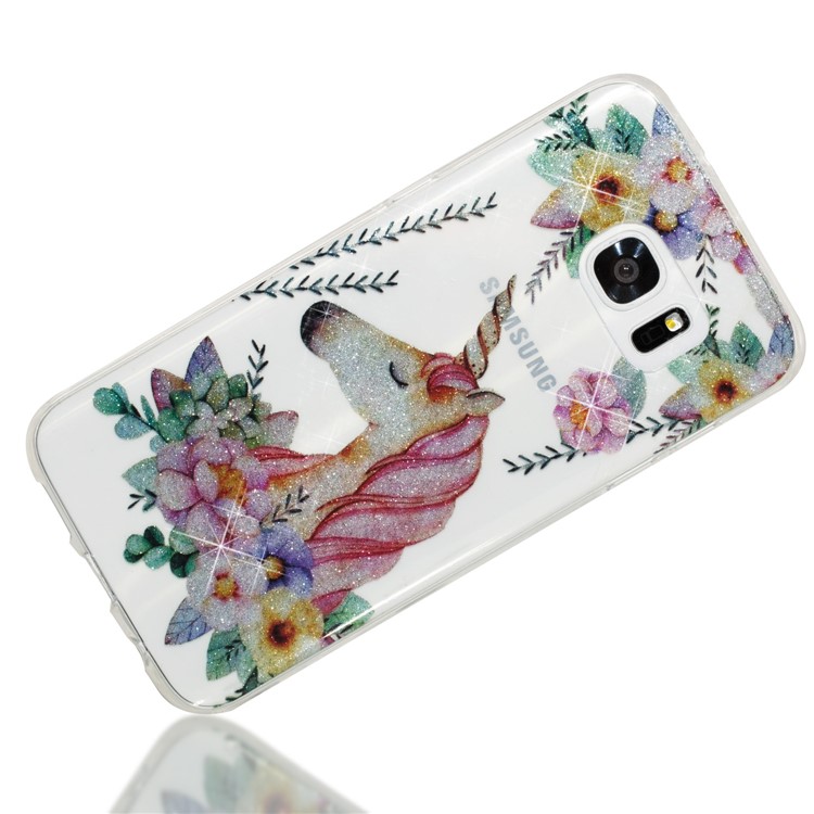IMD Glitter Powder TPU Phone Case for Samsung Galaxy S7 edge SM-G935 - Unicorn and Flower Pattern-3