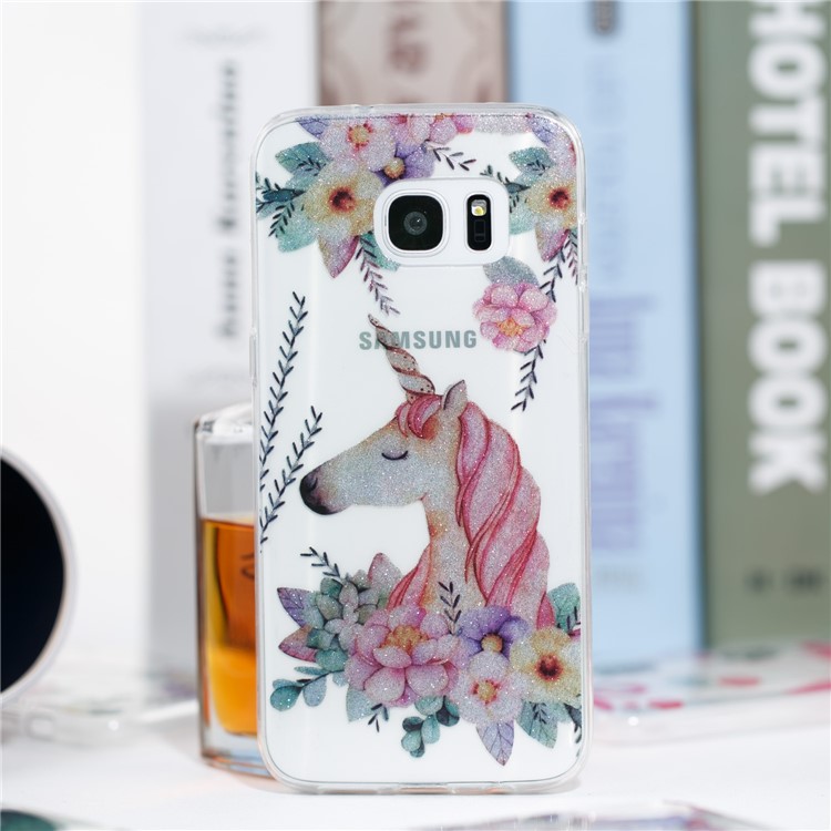 IMD Glitter Powder TPU Phone Case for Samsung Galaxy S7 edge SM-G935 - Unicorn and Flower Pattern-4