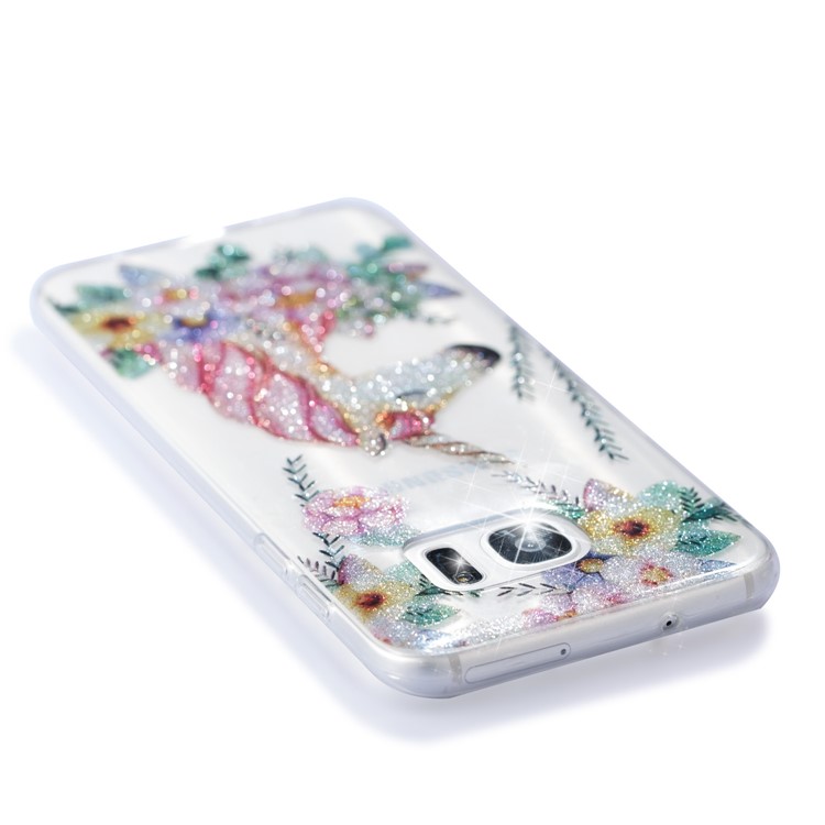 IMD Glitter Powder TPU Phone Case for Samsung Galaxy S7 edge SM-G935 - Unicorn and Flower Pattern-5