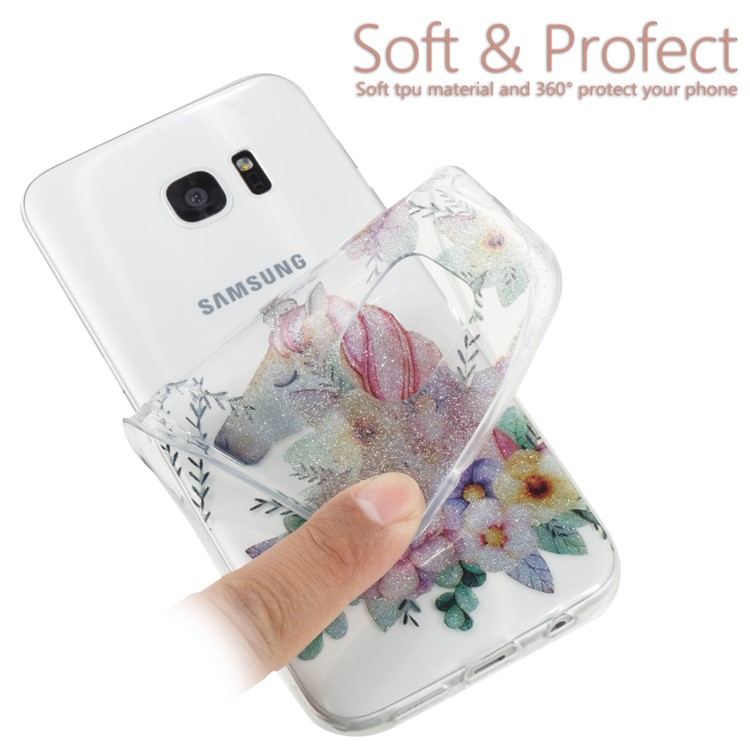 IMD Glitter Powder TPU Phone Case for Samsung Galaxy S7 edge SM-G935 - Unicorn and Flower Pattern-6