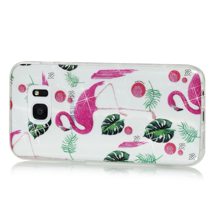 IMD Glitter Powder TPU Mobile Cover for Samsung Galaxy S7 edge SM-G935 - Flamingos and Leaves-2