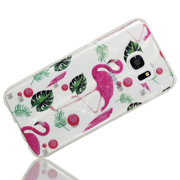 IMD Glitter Powder TPU Mobile Cover for Samsung Galaxy S7 edge SM-G935 - Flamingos and Leaves-3