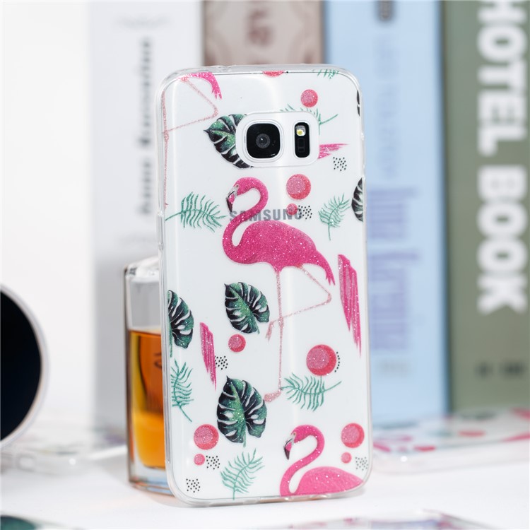 IMD Glitter Powder TPU Mobile Cover for Samsung Galaxy S7 edge SM-G935 - Flamingos and Leaves-4