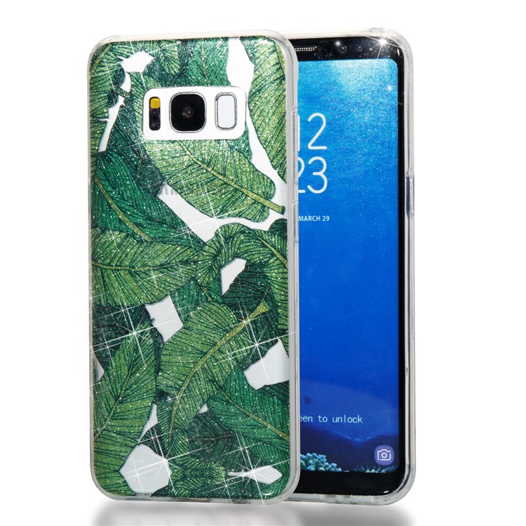 Clear IMD Glitter Powder Patterned TPU Mobile Accessory Casing Cover for Samsung Galaxy S8 G950 - Green Leaves-1