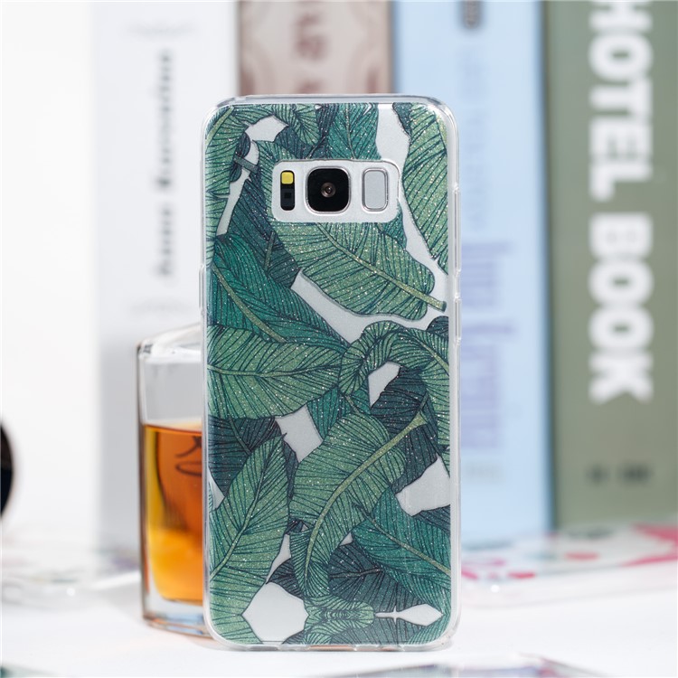 Clear IMD Glitter Powder Patterned TPU Mobile Accessory Casing Cover for Samsung Galaxy S8 G950 - Green Leaves-4