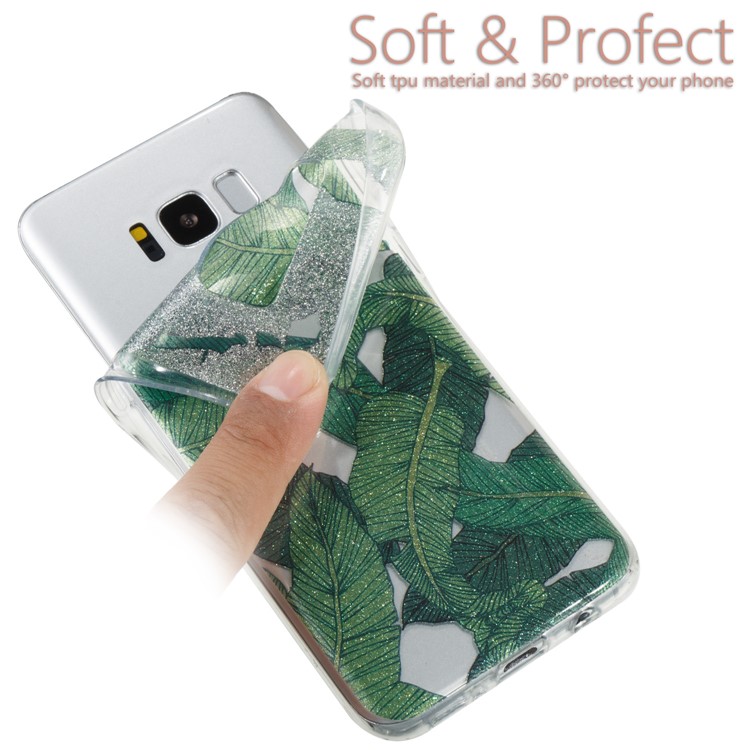 Clear IMD Glitter Powder Patterned TPU Mobile Accessory Casing Cover for Samsung Galaxy S8 G950 - Green Leaves-6