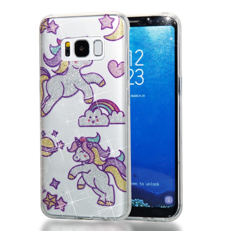 Clear IMD Glitter Powder Patterned TPU Mobile Shell for Samsung Galaxy S8 G950 - Playing Unicorn-1