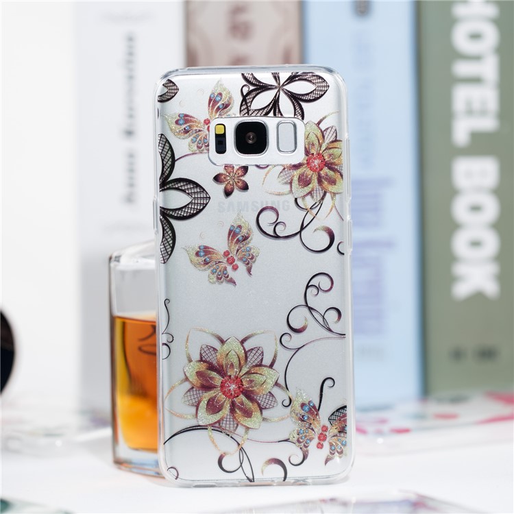 Clear IMD Glitter Powder Patterned TPU Phone Accessory Case for Samsung Galaxy S8 G950 - Flower and Butterfly-4