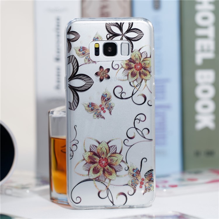 Clear IMD Glitter Powder Patterned TPU Phone Casing Cover for Samsung Galaxy S8 Plus SM-G955 - Flowers and Butterflies-4
