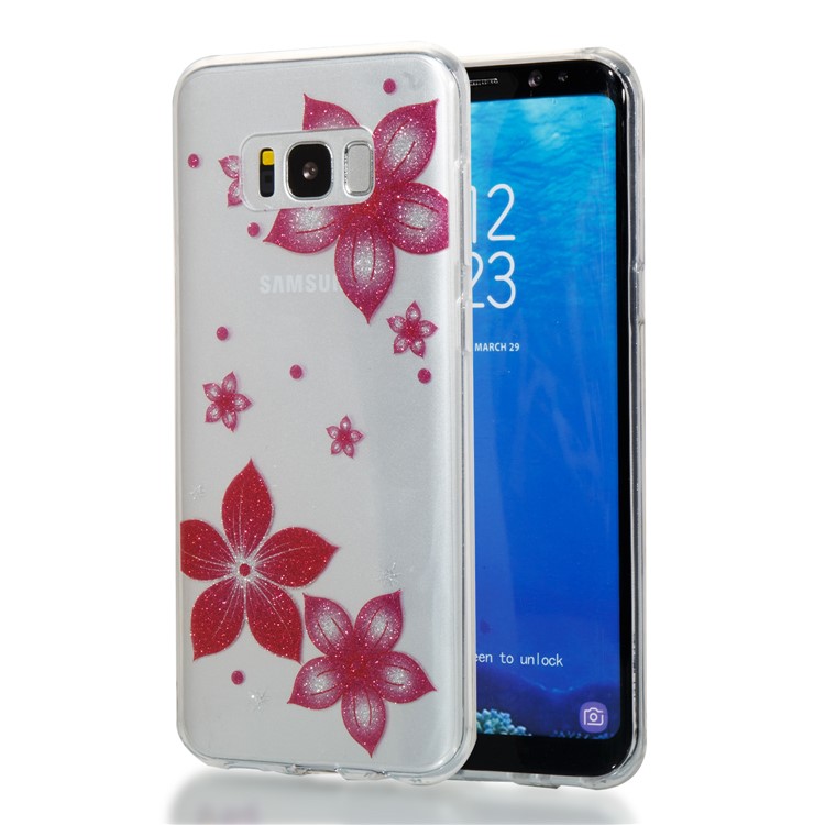 Clear IMD Glitter Powder Patterned TPU Phone Accessory Case for Samsung Galaxy S8 Plus SM-G955 - Red Flowers-1