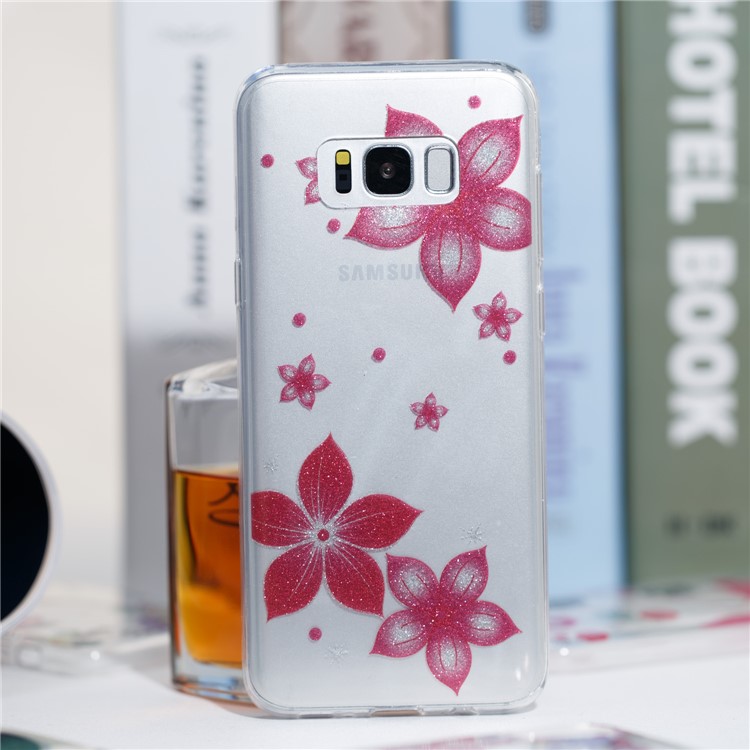 Clear IMD Glitter Powder Patterned TPU Phone Accessory Case for Samsung Galaxy S8 Plus SM-G955 - Red Flowers-4