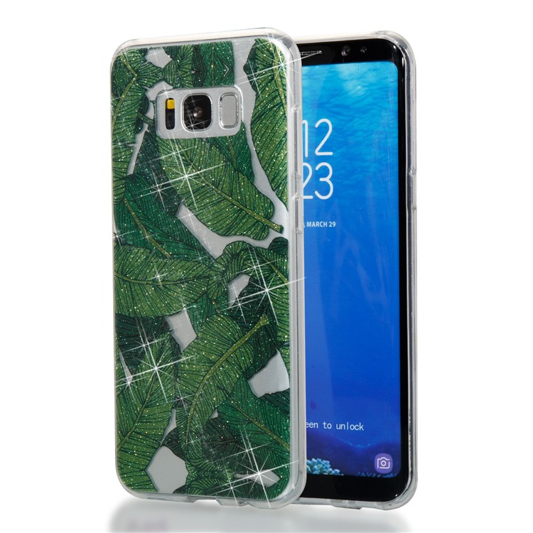 Clear IMD Glitter Powder Patterned TPU Phone Accessory Cover for Samsung Galaxy S8 Plus SM-G955 - Green Leaves-1