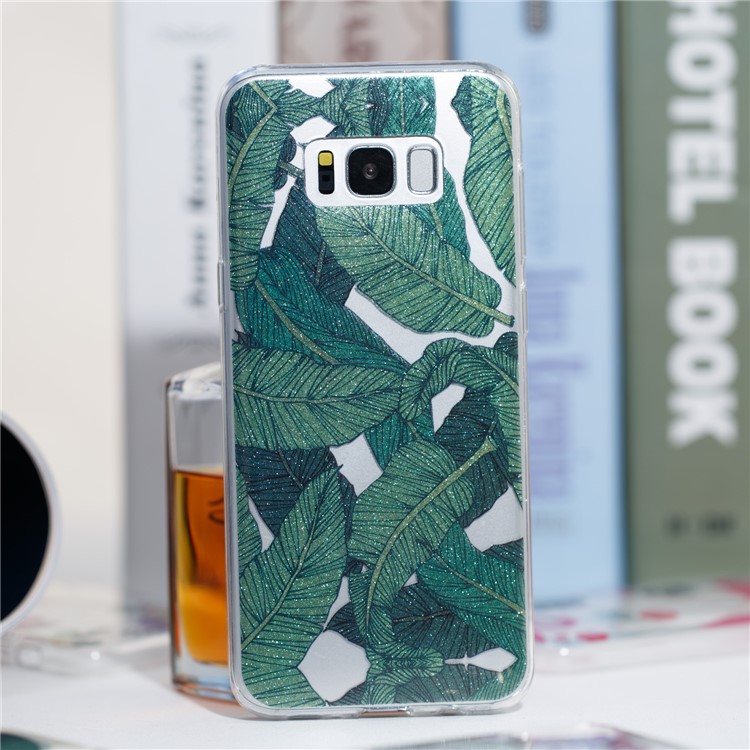 Clear IMD Glitter Powder Patterned TPU Phone Accessory Cover for Samsung Galaxy S8 Plus SM-G955 - Green Leaves-4