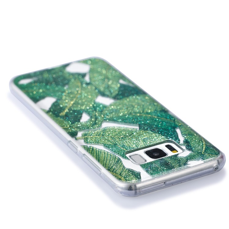 Clear IMD Glitter Powder Patterned TPU Phone Accessory Cover for Samsung Galaxy S8 Plus SM-G955 - Green Leaves-5