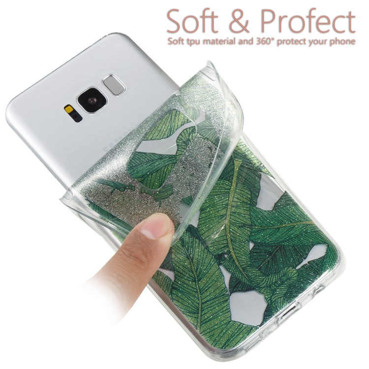Clear IMD Glitter Powder Patterned TPU Phone Accessory Cover for Samsung Galaxy S8 Plus SM-G955 - Green Leaves-6
