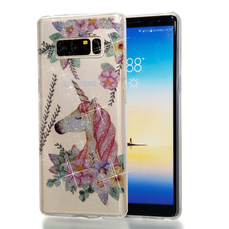IMD Glitter Powder TPU Phone Case Accessory for Samsung Galaxy Note 8 SM-N950 - Unicorn and Flower Pattern-1