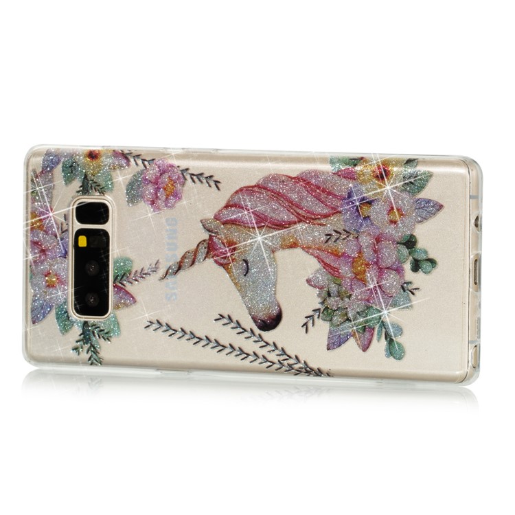 IMD Glitter Powder TPU Phone Case Accessory for Samsung Galaxy Note 8 SM-N950 - Unicorn and Flower Pattern-3