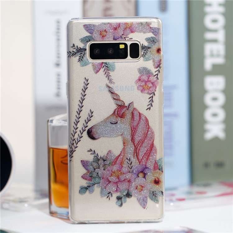 IMD Glitter Powder TPU Phone Case Accessory for Samsung Galaxy Note 8 SM-N950 - Unicorn and Flower Pattern-7
